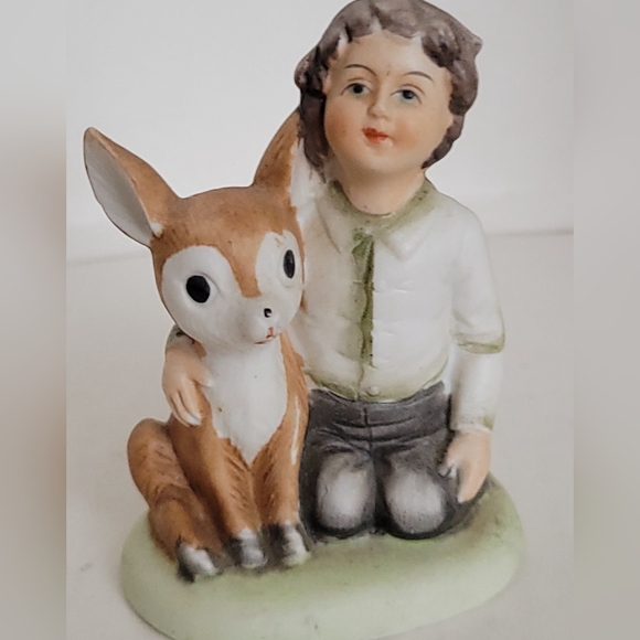 Vintage Norleans Boy With Baby Deer Animal Ceramic Figurine - Picture 1 of 4